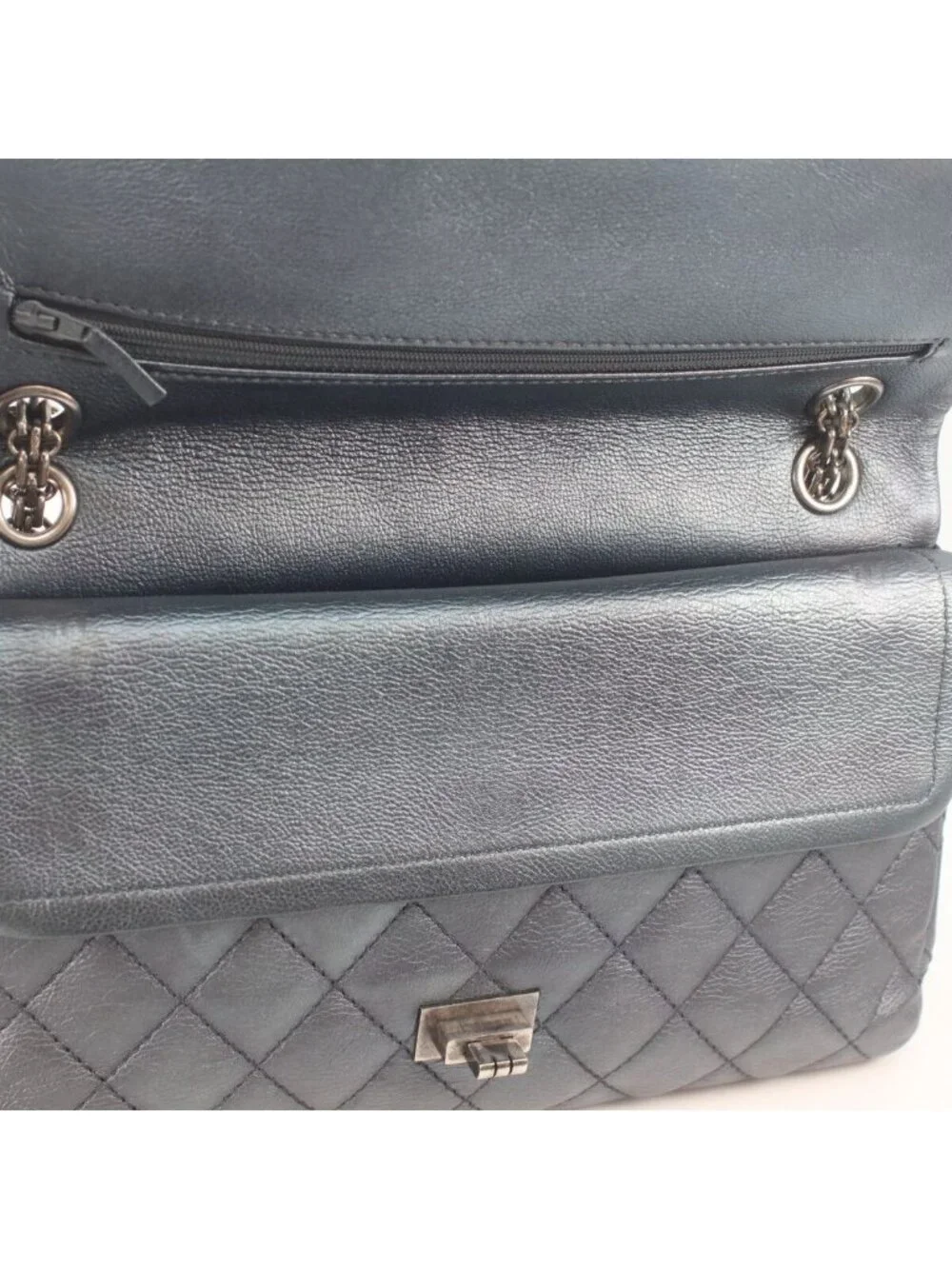 Chanel Metallic Blue Gray Vintage Calf Silver Quilted 2.55 Large Chain Handbag